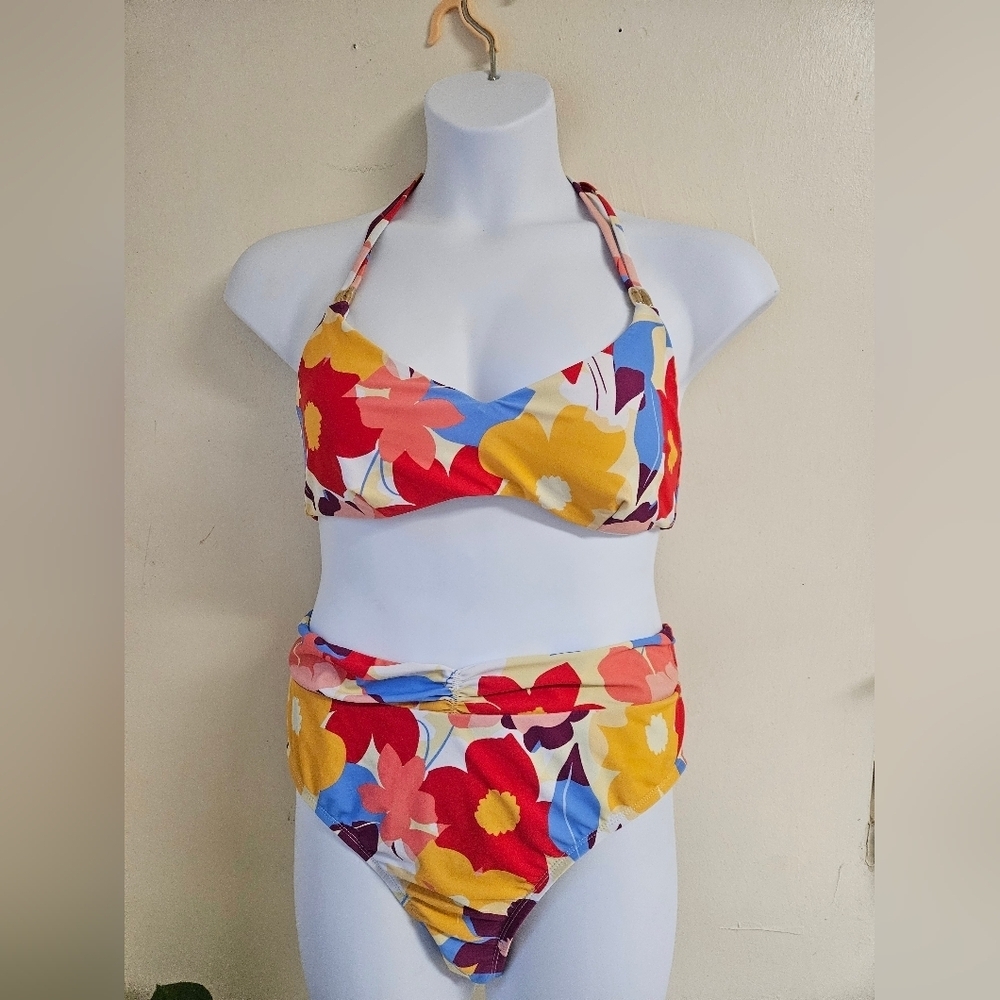Time Thru- 2 Piece Bathing Suit Floral Top 12-14 Bottom 16-18 .